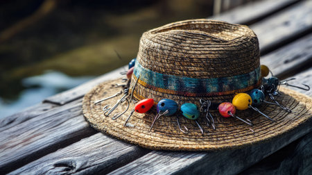 A rustic straw hat beautifully decorated with colorful fishing lures rests on a weathered wooden dock, embodying the essence of leisure, fishing, and relaxation by the water.の素材