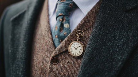 This stunning close-up captures a vintage pocket watch elegantly attached to a stylish suit, complemented by a patterned tie and a textured vest.の素材