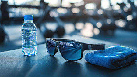 A vibrant scene featuring stylish sunglasses, a water bottle, and a towel resting on a gym bench, ideal for promoting fitness and healthy lifestyle choices.の素材