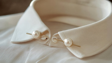 This image captures a close-up view of a sophisticated white collar adorned with pearl fasteners, perfect for showcasing elegance in fashion design and style.の素材