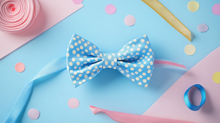 A charming blue polka dot bow tie featured prominently against a pastel background, accompanied by colorful ribbons and paper confetti, ideal for festive occasions.の素材