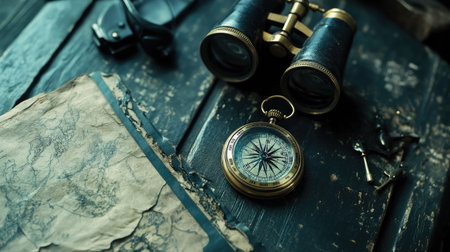 A vintage scene featuring an antique compass, binoculars, and a weathered map, perfect for travel and exploration themes. The rustic elements evoke a sense of adventure.の素材