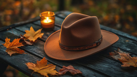 A charming autumn scene featuring a brown hat resting on a wooden table surrounded by colorful leaves and a glowing candle, evoking a sense of warmth and tranquility.の素材