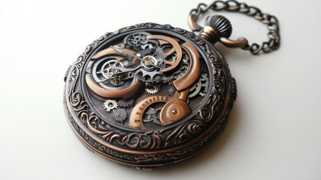Discover the elegance of an antique steampunk pocket watch featuring intricate gears and a beautifully detailed clockwork mechanism in bronze.の素材