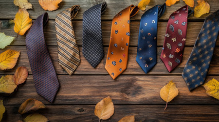 A stunning collection of elegant ties elegantly arranged over a rustic wooden surface, adorned with vibrant autumn leaves, ideal for fashion themes.の素材