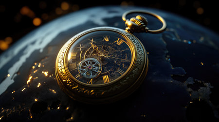 A vintage pocket watch elegantly rests on a globe, symbolizing the intricate relationship between time and travel. This artistic piece captures luxury and history.の素材