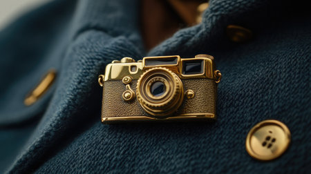 Discover the charm of this vintage camera brooch, beautifully crafted in gold. An ideal accessory for fashion lovers and photography enthusiasts alike.の素材