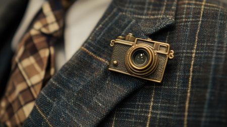 An exquisite vintage brooch shaped like a classic camera is elegantly pinned on a tailored suit jacket, featuring intricate plaid patterns and stylish details.の素材