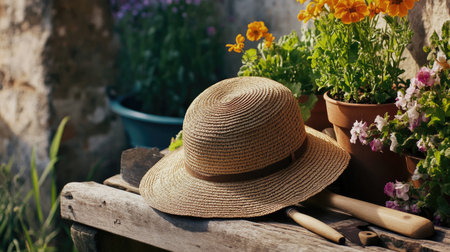 A serene garden scene featuring a straw hat resting on a wooden table, accompanied by gardening tools and vibrant flowers, evoking a peaceful gardening atmosphere.の素材
