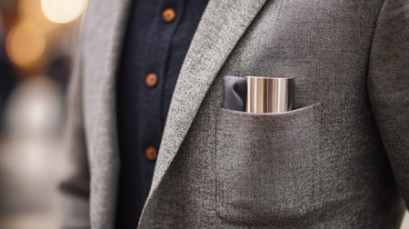 A close-up shot of a stylish gentleman wearing a gray blazer with a pocket square, featuring a stainless steel flask in the pocket. This image highlights modern elegance and sophisticated fashion.の素材