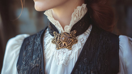 Captivating close-up of a Victorian-style collar adorned with an intricate brooch, highlighting rich textures and timeless elegance in fashion design.の素材