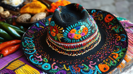 This captivating image features a traditional Mexican hat adorned with colorful embroidery, surrounded by fresh vegetables and textiles at a lively market scene.の素材
