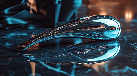 A sleek metallic object rests gracefully on a glossy black marble surface, showcasing modern design and elegance. The ambient light enhances its unique shape and reflections.の素材
