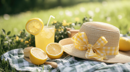A bright and colorful outdoor setting featuring a refreshing glass of lemonade beside a stylish straw hat and fresh lemons, perfect for summer picnics.の素材