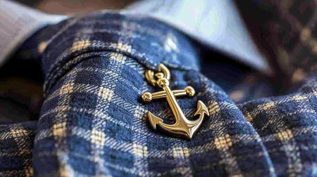 A stunning golden anchor brooch rests against a blue checkered fabric, showcasing the perfect blend of classic and modern style for any outfit.の素材