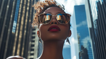 A confident woman with curly hair poses stylishly in sunglasses against a backdrop of towering skyscrapers and a clear blue sky, radiating urban elegance.の素材
