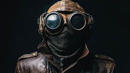 An enigmatic figure dressed in a vintage leather jacket and large goggles, shrouded in darkness. The image captures mystery and adventure, inviting intrigue and imagination.の素材