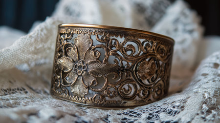 Beautiful vintage bracelet crafted with intricate floral designs rests elegantly on a background of delicate lace, highlighting its artistic detail and charm.の素材
