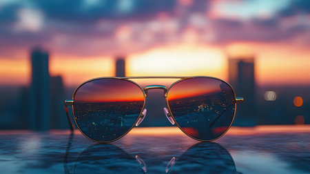 A captivating pair of stylish sunglasses rests on a reflective surface, capturing the vibrant colors of a sunset against a city skyline.の素材