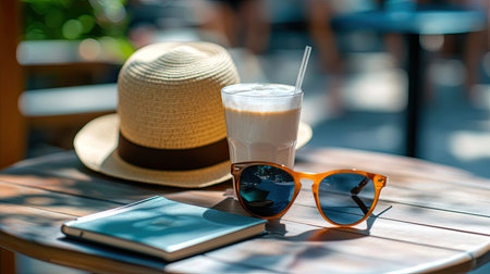 A delightful scene featuring a refreshing iced coffee placed on a wooden table alongside stylish sunglasses and a straw hat. Perfect for relaxation.の素材