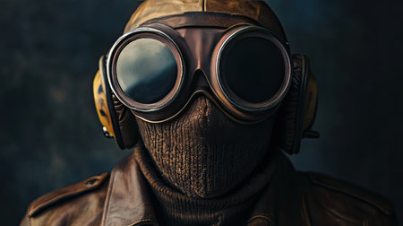 This captivating portrait features a mysterious figure wearing vintage aviator gear, complete with goggles and a leather jacket, evoking intrigue and curiosity.の素材