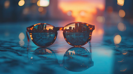 A captivating close-up image of stylish sunglasses reflecting an urban sunset. The vibrant colors and city skyline create a stunning visual contrast against the twilight sky.の素材