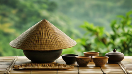 This image showcases a traditional Asian tea ceremony setup featuring handcrafted utensils and a serene natural backdrop, perfect for cultural themes.の素材
