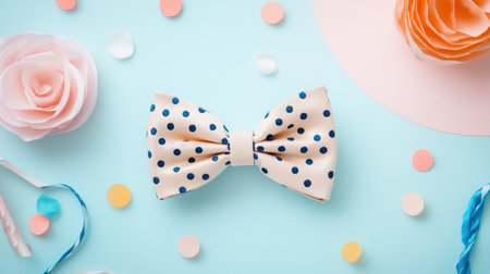 A charming polka dot bowtie lies on a soft blue background, accompanied by pastel flowers and decorative elements, perfect for events or fashion photography.の素材