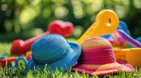 Two vibrant summer hats sit on lush green grass, surrounded by colorful toys. This playful scene captures the joy of outdoor activities for children.の素材