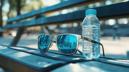 A refreshing scene showcases stylish sunglasses and a clear water bottle on a park bench, inviting viewers to enjoy outdoor relaxation and hydration.の素材
