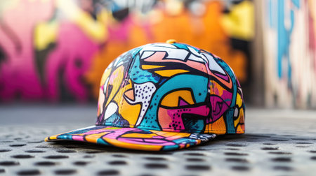 A vibrant and colorful cap rests against a lively urban backdrop filled with graffiti art. The hat features an artistic design that showcases playful colors and patterns, making it a perfect addition for street fashion enthusiasts. Ideal for lifestyle photoshoots and summer styling.の素材