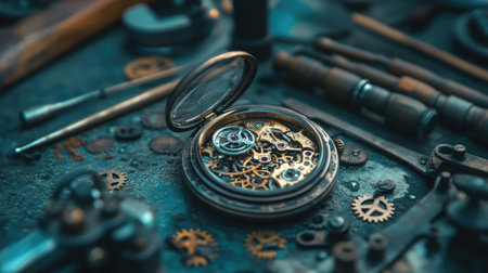 This captivating image showcases a vintage pocket watch surrounded by various clockwork gears and tools on a rustic workbench, evoking nostalgia.の素材