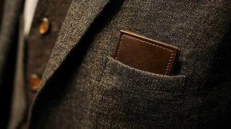 This close-up image showcases an elegant brown leather wallet tucked into the pocket of a stylish gray suit jacket, highlighting sophistication and fashion.の素材