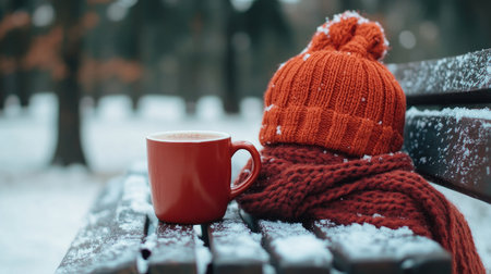 This serene winter scene features a warm red hat and scarf resting on a snow-dusted bench beside a steaming mug, evoking feelings of comfort and tranquility.の素材