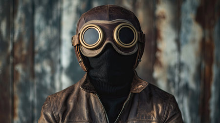 This captivating image features a mysterious figure wearing a vintage leather jacket and protective goggles, set against a rustic backdrop. The aesthetic evokes a sense of adventure and intrigue, inviting viewers to explore themes of identity and anonymity.の素材