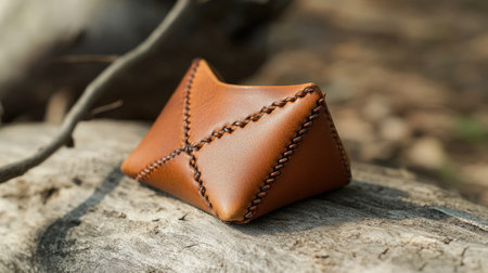 This handcrafted brown leather pouch features intricate stitching, set against a natural background, ideal for unique gifts and stylish accessories.の素材