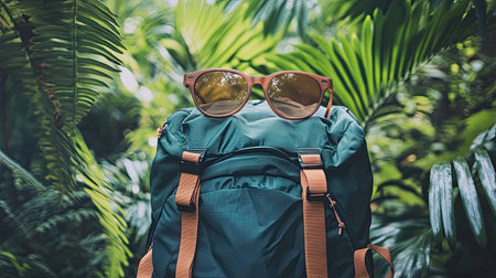 A chic pair of sunglasses is elegantly placed on a vibrant green backpack, framed by lush tropical foliage, inviting adventure and exploration.の素材