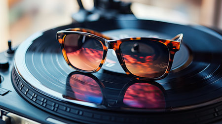 This engaging image features stylish sunglasses placed on a vintage vinyl record player, showcasing colorful reflections and a cozy atmosphere.の素材