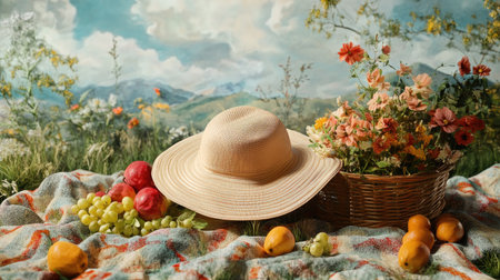 This enchanting still life captures the essence of summer with a straw hat, vibrant flowers, and an array of fresh fruits, evoking a serene natural feel.の素材