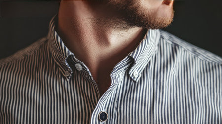 This close-up photograph features a man's neck and shirt collar with a classic striped pattern, captured in soft lighting to emphasize detail and texture.の素材