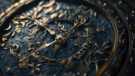 This close-up image features an antique decorative clock with intricate floral designs and rich metallic tones, highlighting timeless craftsmanship and elegance.の素材