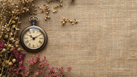 Captivating vintage pocket watch lies on a rustic burlap fabric, surrounded by delicate dried flowers, creating a timeless and nostalgic atmosphere.の素材
