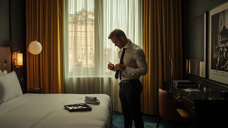 A professional man stands in a luxurious hotel room, preparing for an important business meeting. The elegant decor and soft lighting create an inviting ambiance for travelers.の素材