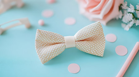 A stylish polka dot bow tie rests on a pastel-colored surface alongside decorative elements, creating an elegant and cheerful atmosphere perfect for events.の素材