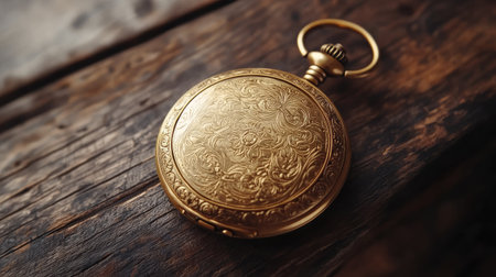 This vintage golden pocket watch showcases intricate floral engravings, resting on a weathered wooden surface, embodying timeless elegance and craftsmanship.の素材