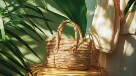 A fashionable woven handbag sits elegantly on a wooden stool. Surrounded by lush tropical plants, it creates a serene and stylish atmosphere.の素材