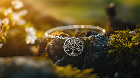 This beautiful silver bracelet features a tree of life pendant elegantly resting on a mossy rock, bathed in soft natural light, creating a tranquil and enchanting atmosphere.の素材