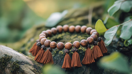 A beautifully crafted handmade bracelet featuring elegant wooden beads and stylish tassels, resting on a natural surface surrounded by greenery.の素材