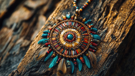 A stunning beaded necklace featuring vibrant colors and intricate designs, adorned with feathers, resting on a rustic wooden surface. Perfect for showcasing unique craftsmanship.の素材