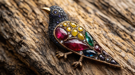 This exquisite bird brooch features a vibrant assortment of gemstones crafted into an intricate design, making it a perfect fashion accessory.の素材